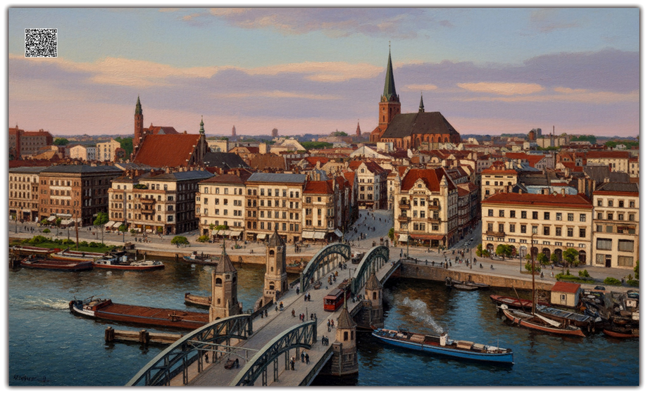 Historyczny widok Szczecina z mostem nad Odrą