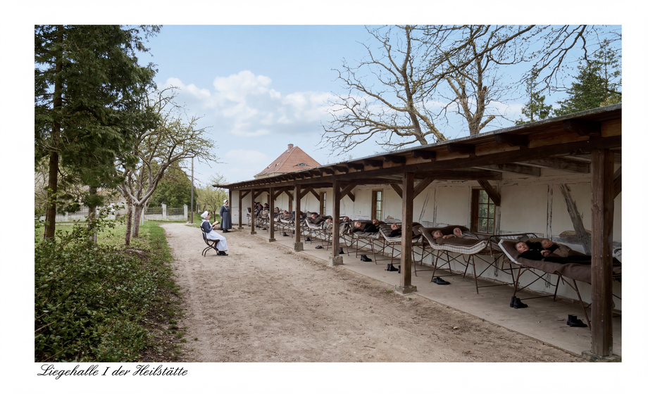 Liegehalle I der Heilstätte - hala wypoczynkowa sanatorium Bethanien z pacjentami i siostrami diakonisami