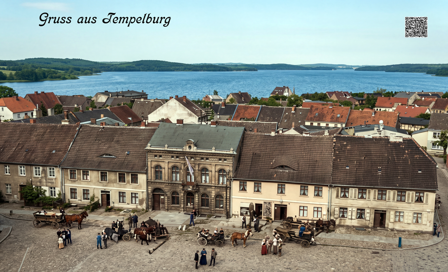 Historyczna pocztówka Gruss aus Tempelburg - widok na rynek Czaplinka z jeziorem w tle