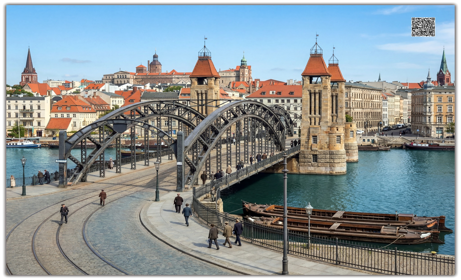 Historyczny most w Szczecinie - kamienne wieże i stalowa konstrukcja łukowa