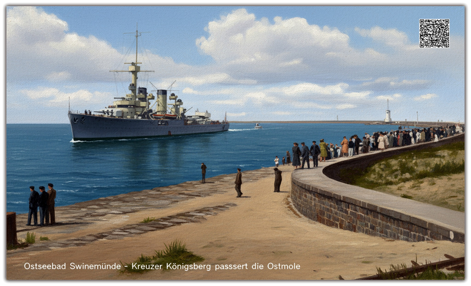 Kreuzer Königsberg przepływa przez port w Swinemünde (Świnoujście)