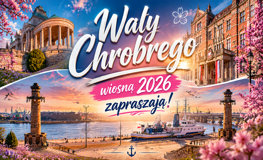 Wały Chrobrego wiosną 2026 - widok na tarasy z kwitnącymi wiśniami