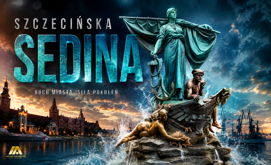 Fontanna Sedina w Szczecinie - alegoryczne postacie i napis Szczecińska Sedina Duch Miasta Siła Pokoleń