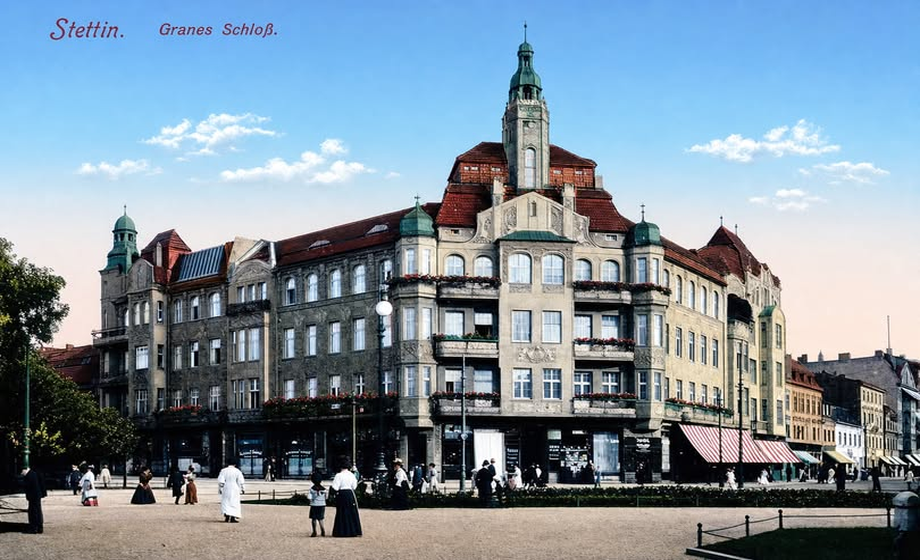 Historyczna pocztówka przedstawiająca Graues Schloß, dawny Szary Zamek w Szczecinie