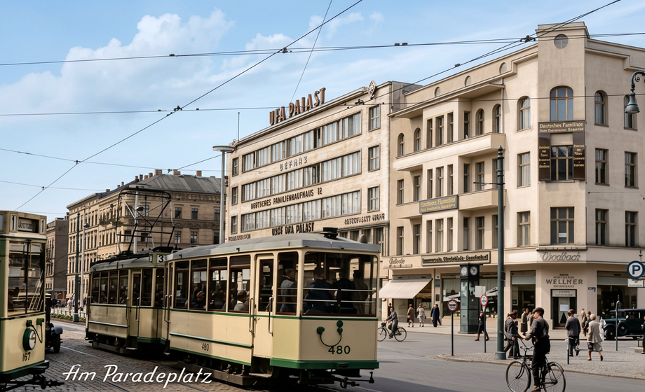 Historyczne tramwaje w Szczecinie na dawnym Paradeplatz, przed budynkiem Ufa Palast.